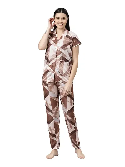 LOODY'S Women's Abstract Print Night Dress | Women Satin Night Suit |Top and Pyjama Set for Girls