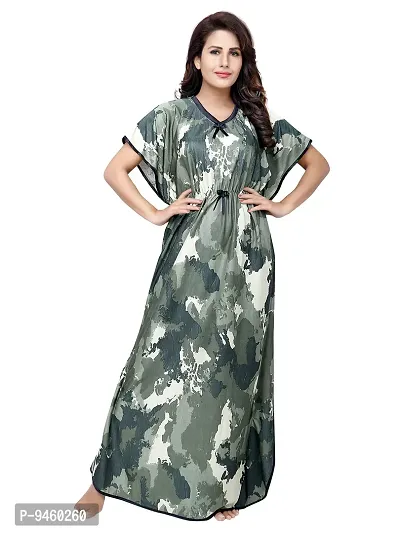 LOODY'S Printed Double Layered Comfortable Satin Maxi Kaftan Night Gown |Nighty |Night Dress for Women , Girls (Free Size) (Free Size, Green)