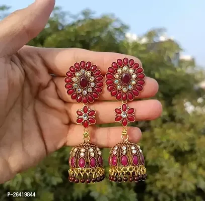 Maroon Alloy Beads Jhumkas Earrings For Women