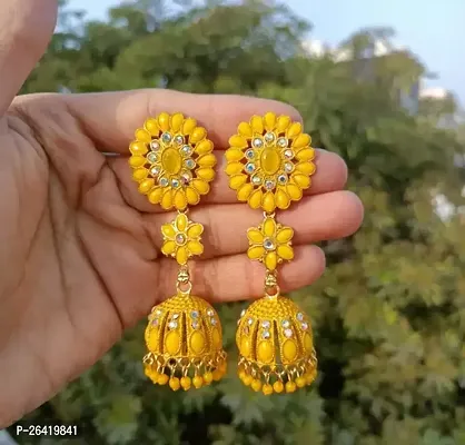 Yellow Alloy Beads Jhumkas Earrings For Women