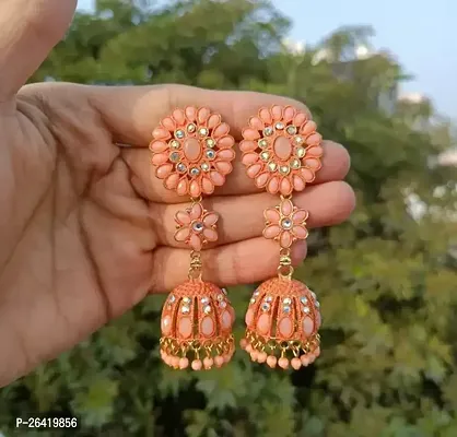 Peach Alloy Beads Jhumkas Earrings For Women