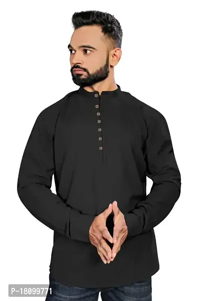 Akshay SYNTEX Mens Casual Solid Black Stitched Kurtas, Cotton Regular Short Kurta for Men-thumb2