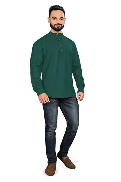 Akshay SYNTEX Mens Casual Solid B-Green Stitched Kurtas, Cotton Regular Short Kurta for Men, Regular Fullslevee with Mandarian Collar Kurta Shirts for Adults, Button Type (Color B-Green Size: M)