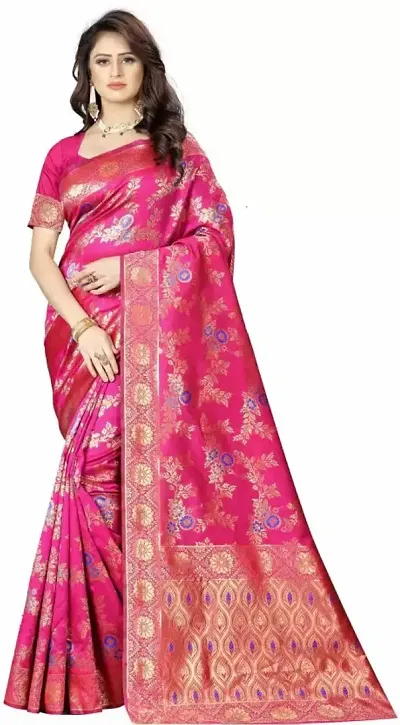 Pink woven art silk saree with blouse with belt