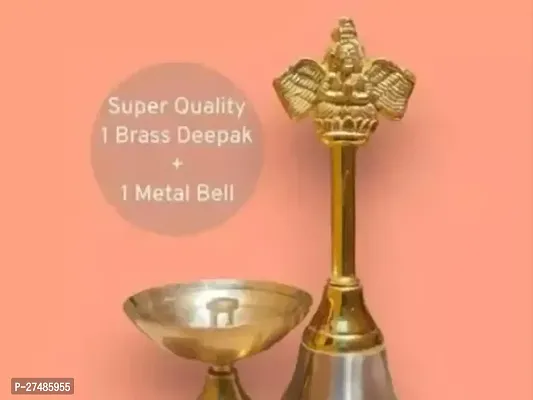 Combo Metal Hand Held Temple Bell Pooja Garud Ghanti.Religious And Spiritual And Brass Diya For Puja Small Size Akhand Diya For Puja-thumb0