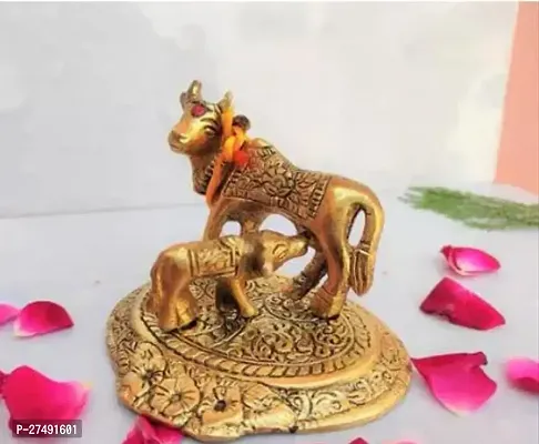 Metal Lucky Kamdhenu Cow With Calf Gold 11 Cm Showpiece-thumb0