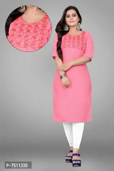 Elegant Pink Cotton Blend Embroidered Kurta For Women-thumb0