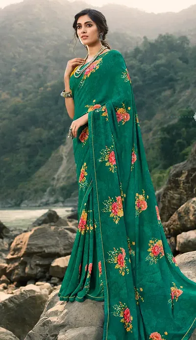 Stylish Georgette Floral Printed Saree With Separate Blouse Piece