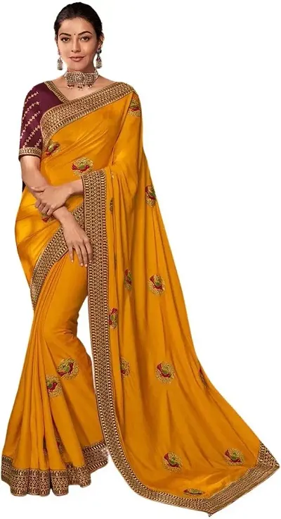 RADHE ENTERPRISE? Womens Work Sana Silk 5.5 Meter Saree with Unstitched Banglori Silk And Work Blouse Piece (Yellow)