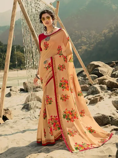 SETU TREANDZ Women's Georegtte Print Beautiful Sari Georgette Wear Original Sarees Wedding Casual Daily With Blouse Materials (Multicolored_Free Size 6.30 Mtr)