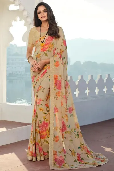 Georgette Printed Lace Border Sarees with Blouse piece