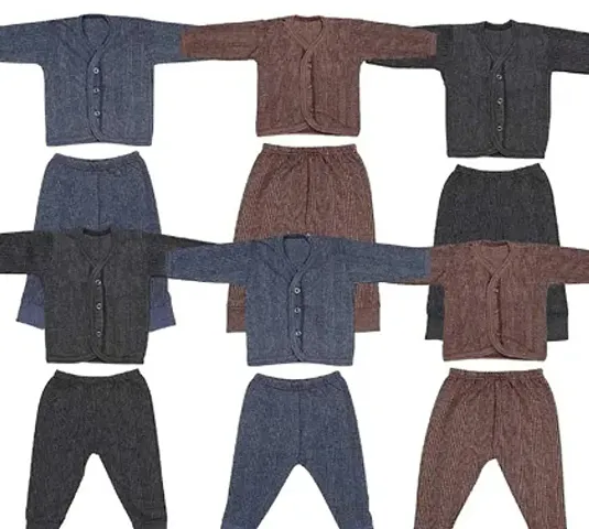Atipriya Front Open Kids Baby Boys Thermal Set Body Warmer Top & Pyjama, Size Medium (3-6 Months), Blue, Brown & Grey, Pack of 6