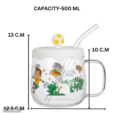 MUAC Glass Cute Printed Cup Mug with Handle Straw and Rubber Lid, Birthday Gift Mug for Kids, Youth and Adults to Drink Milk, Coffee, Smoothie, Tea, etc -500 ML (Ball)-thumb2