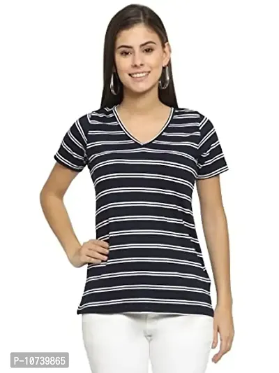 RUTE Cotton Half Sleeves Navy and White Striped V-Neck Top for Women-thumb0