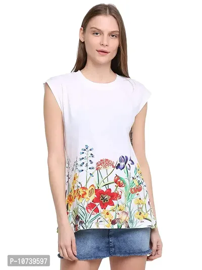 RUTE Cotton Jersey Half Sleeves Floral T-Shirts for Women White