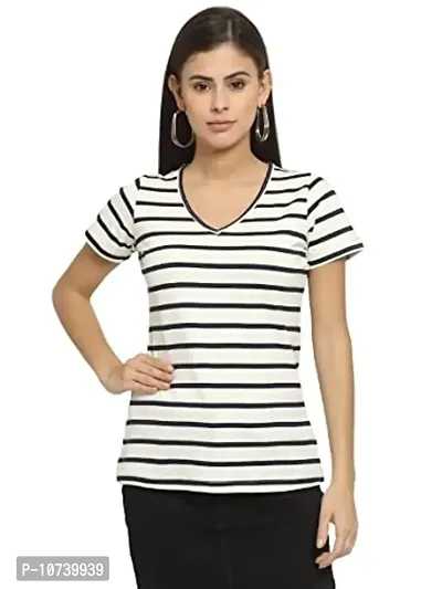 RUTE Cotton Half Sleeves White and Black Striped V-Neck Top for Women