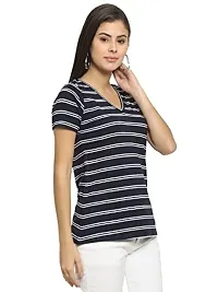 RUTE Cotton Half Sleeves Navy and White Striped V-Neck Top for Women-thumb1