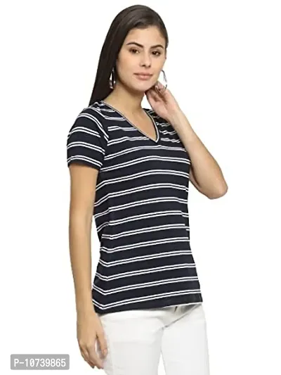 RUTE Cotton Half Sleeves Navy and White Striped V-Neck Top for Women-thumb2