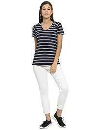 RUTE Cotton Half Sleeves Navy and White Striped V-Neck Top for Women-thumb4