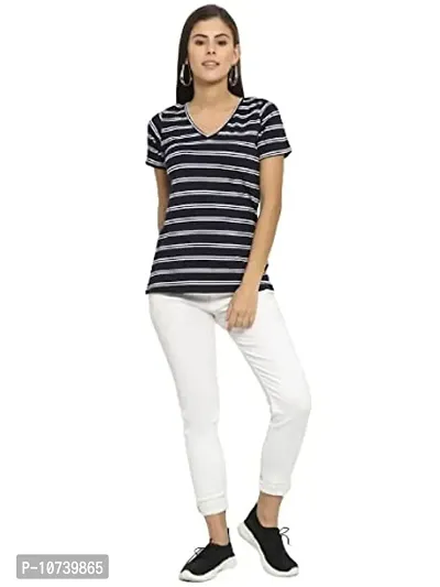 RUTE Cotton Half Sleeves Navy and White Striped V-Neck Top for Women-thumb5