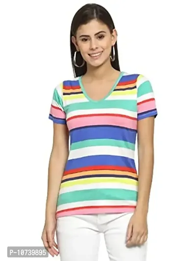 RUTE Cotton Half Sleeves Multicolored Striped V-Neck Top for Women