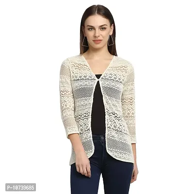 Rute Women Off White Self Design Cotton Slim Fit Lace Shrug-thumb0