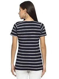 RUTE Cotton Half Sleeves Navy and White Striped V-Neck Top for Women-thumb3