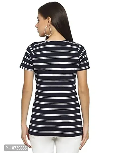 RUTE Cotton Half Sleeves Navy and White Striped V-Neck Top for Women-thumb4