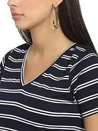 RUTE Cotton Half Sleeves Navy and White Striped V-Neck Top for Women-thumb2