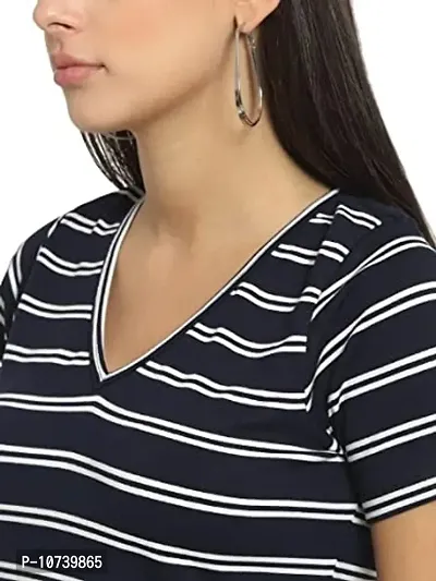 RUTE Cotton Half Sleeves Navy and White Striped V-Neck Top for Women-thumb3