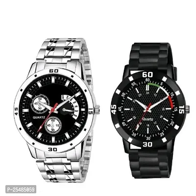 Bolun Silver Metal And Tri Black PU Men and Boys Watch