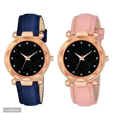 Bolun Black 12Diamond Dial Blue and Pink Leather Belt Combo Women and Girls Watch