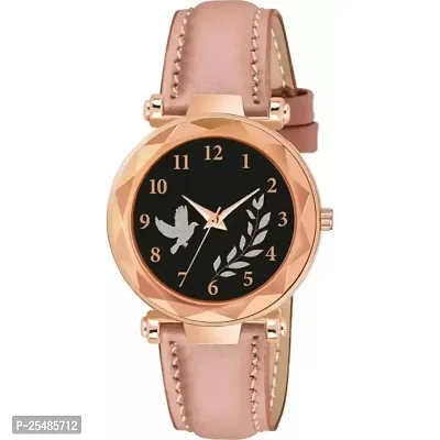 Bolun Black Birds Dial Pink Leather Belt Analog Women and Girls Watch-thumb0