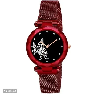 Bolun Red Megnet Belt Black Dial Bty Analog Women and Girls Watch-thumb0