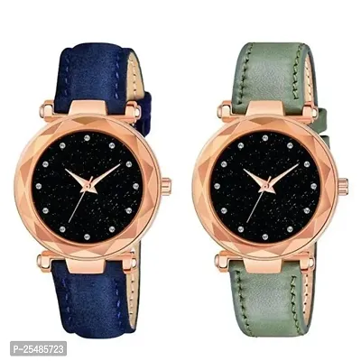 Bolun Black 12Diamond Dial Blue and Green Leather Belt Combo Women and Girls Watch