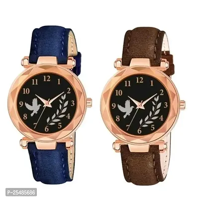 Bolun Black Birds Dial Blue And Brown Leather Belt Analog Women and Girls Watch-thumb0