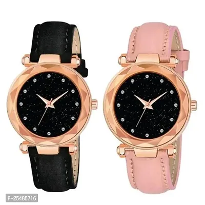 Bolun Black 12Diamond Dial Black and Pink Leather Belt Combo Women and Girls Watch-thumb0