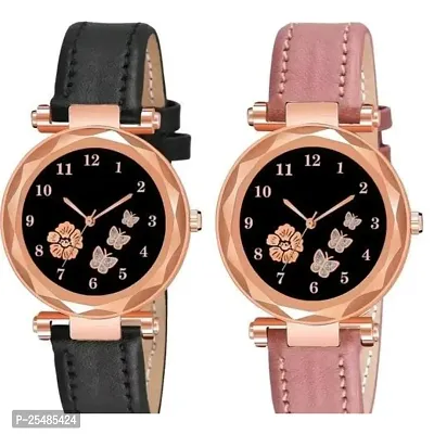 Bolun Three Butter Dial Black and Pink Leather Belt Girls and Women Watch-thumb0