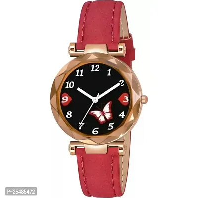 Bolun Bty Black Dial Red Leadies Leather Belt Girls and Women Analog Watch