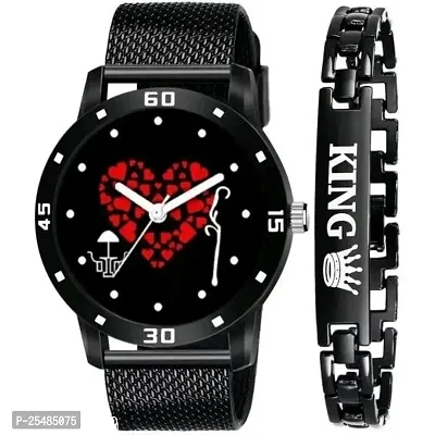 Bolun Heart Dial With King Black Bracelet PU Men And Boys Watch-thumb0