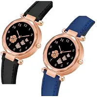 Bolun Three Butter And Rose Dial Black and Blue Leather Belt Girls and Women Watch-thumb1