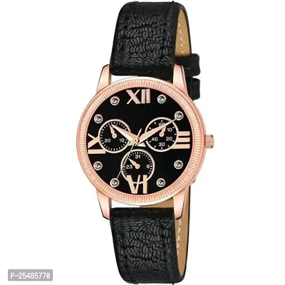 Bolun Meena Black Dial RL Rose Cash Black Leather Belt Women and Girls Watch-thumb0