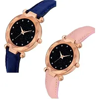 Bolun Black 12Diamond Dial Blue and Pink Leather Belt Combo Women and Girls Watch-thumb1