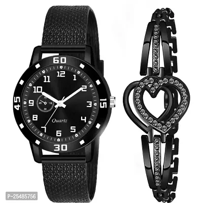 Bolun Av Cash RR Black Pu With Heart Bracelet Analog Women and Girls Watch