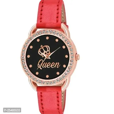 Bolun New Queen Dial Diamond RoseGold Cash Red Belt Women and Girls Watch-thumb0