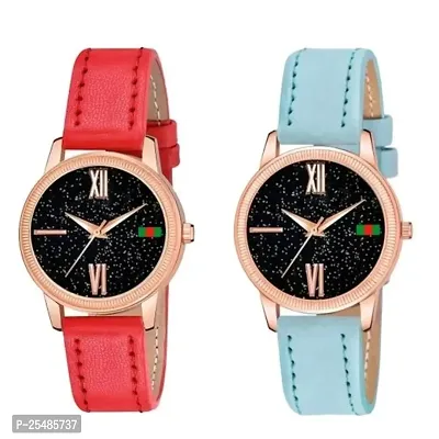 Bolun Black Roman Dial Red and SkyBlue Leather Belt Combo Women and Girls Watch