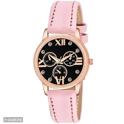 Bolun Meena Black Dial RL Rose Cash Pink Leather Belt Women and Girls Watch-thumb0