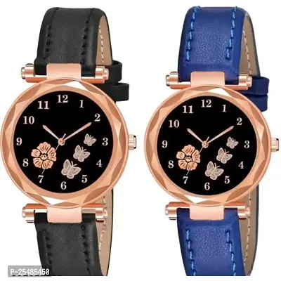 Bolun Three Butter And Rose Dial Black and Blue Leather Belt Girls and Women Watch-thumb0