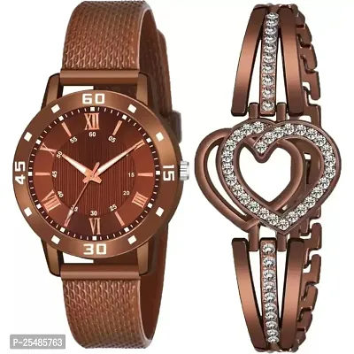 Bolun Roman Brown Av Cash Brown Pu With Heart Bracelet Analog Women and Girls Watch