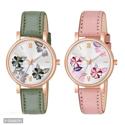 Bolun Bty Cash Green and Pink Leather Blet Combo Women and Girls Watch